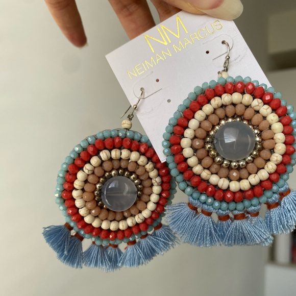 Neiman Marcus Statement Fran Drop Fringe Round Stone Bead Blue Red Cream NWT box - Picture 9 of 15